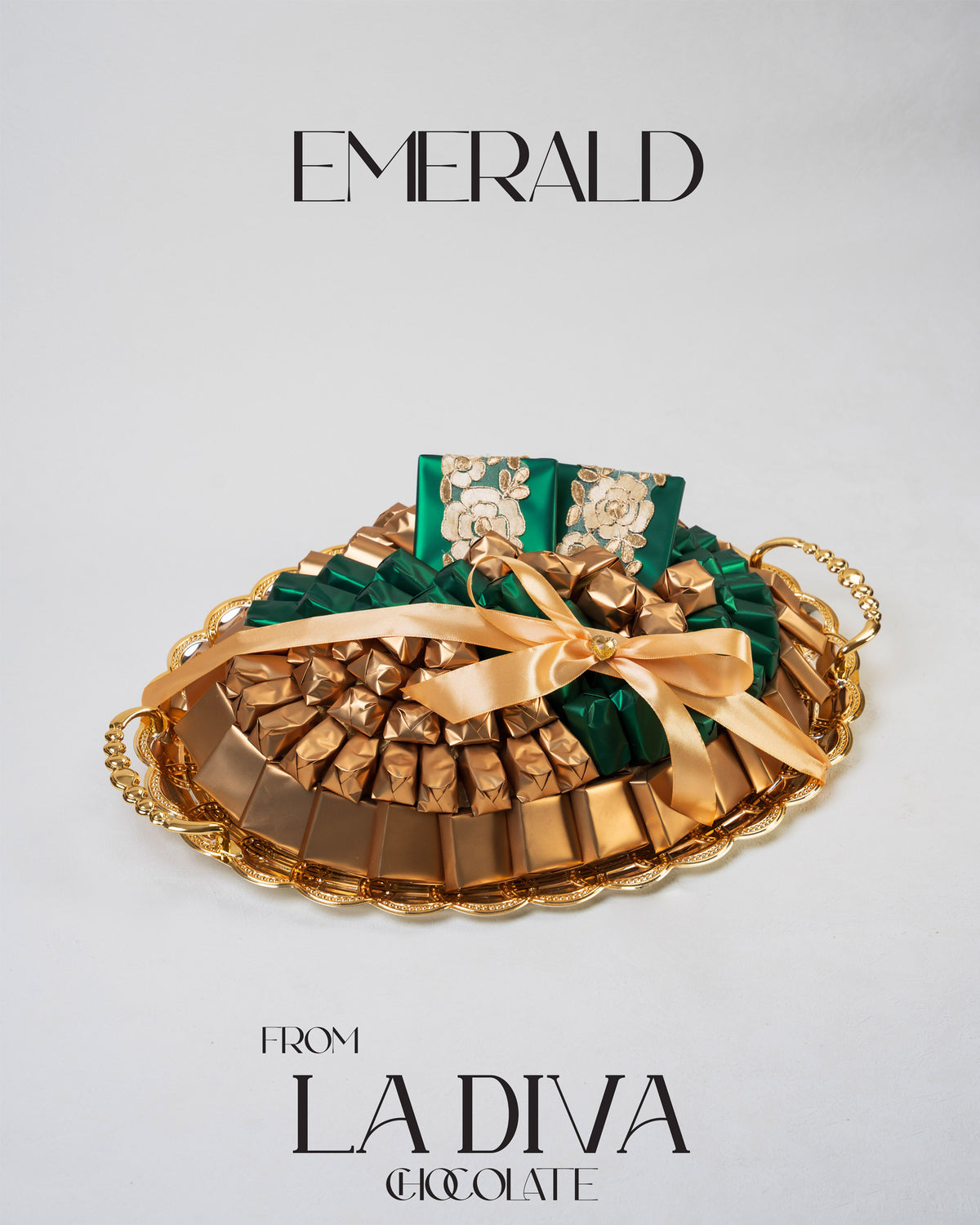 Emerald Luxe chocolate tray by LaDiva featuring assorted luxury chocolates in an elegant green and gold arrangement