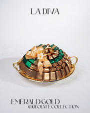 LaDiva Emerald Gold chocolate tray with assorted chocolates in an elegant gold and green arrangement
