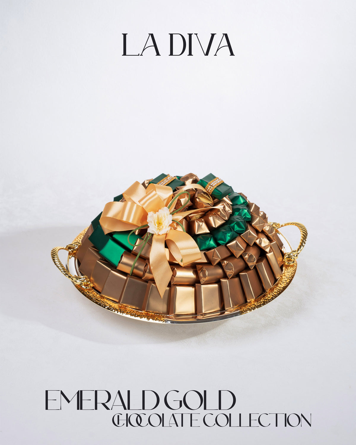 LaDiva Emerald Gold chocolate tray with assorted chocolates in an elegant gold and green arrangement